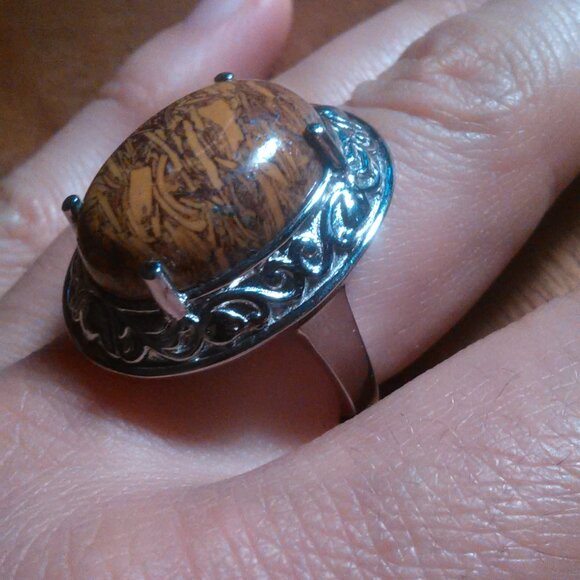 Script Stone Jasper Solitaire Stainless Steel Ring (Size 9) - Picture 3 of 13